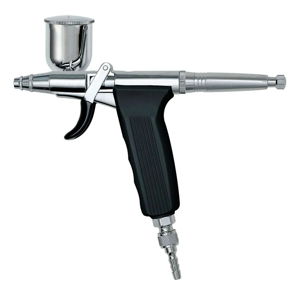 Airbrush having a pointed trigger at the bottom.